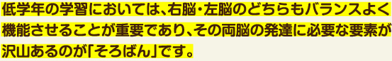 低学年の学習においては、右脳・左脳のどちらもバランスよく機能させることが重要であり、その両脳の発達に必要な要素が沢山あるのが「そろばん」です。